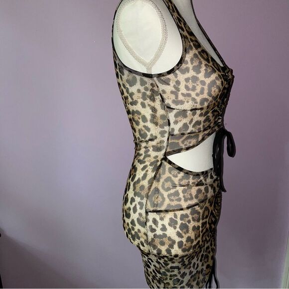 Cheetah Print Swim Cover Up Mesh Cutout Mini Dress Tie Front Small - Picture 2 of 5